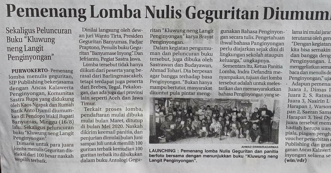 Liputan acara pengumuman pemenang lomba dan peluncuran buku oleh harian radar banyumas