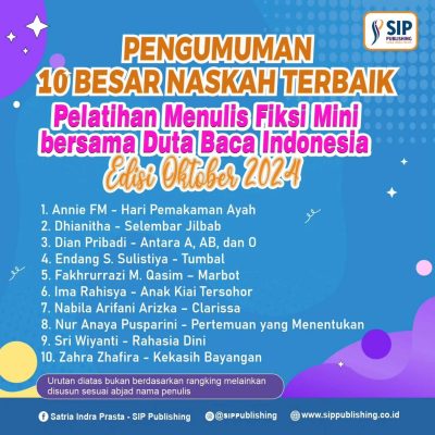 Pengumuman 10 Besar Naskah Terbaik Pelatihan Menulis Fiksi Mini Oktober 2024